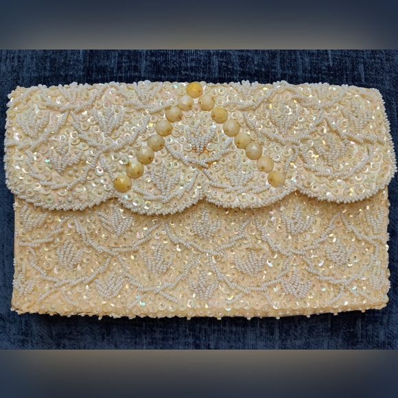 Gold Lame Handbags - Chic Cream Beaded Clutch